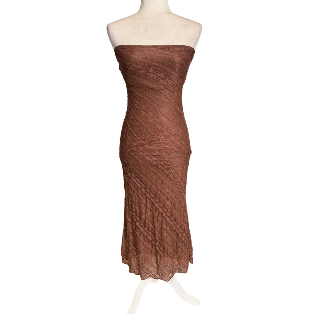 See You Monday Brown Lace Strapless Maxi Dress XS Y2K Fairycore Boho
